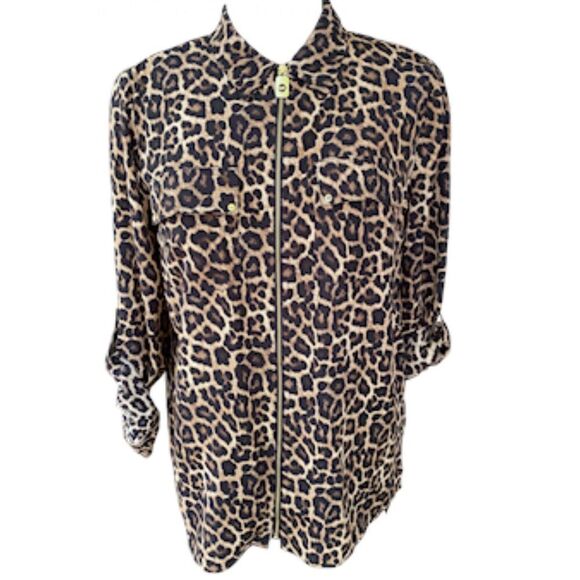 Michael Kors NWT Cheetah Print Full Zip Long/Tab Sleeves Sz. L - Picture 1 of 15
